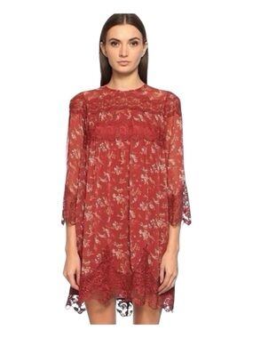 THE KOOPLES Birds of Paradise Burgundy & Lace Floral Mini Dress, Size S.